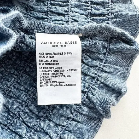 American Eagle Smocked Blue Denim Halter Top - Picture 7 of 10